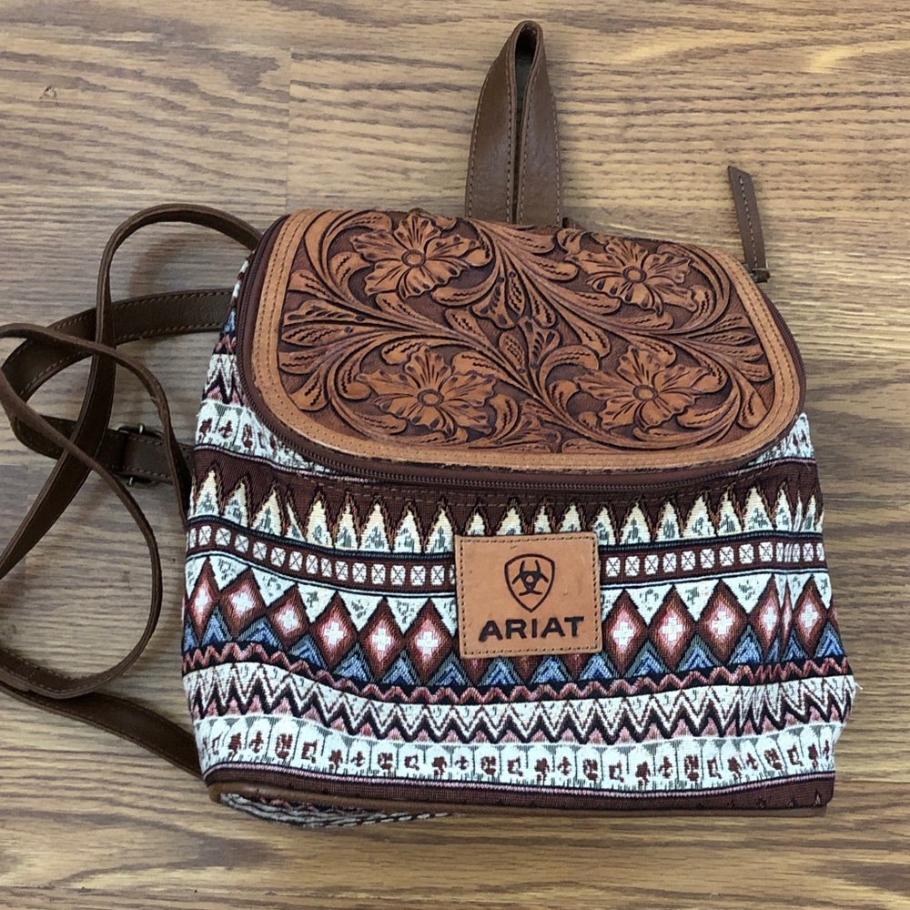 Ariat Brown Tooled Leather & Aztec Print Backpack